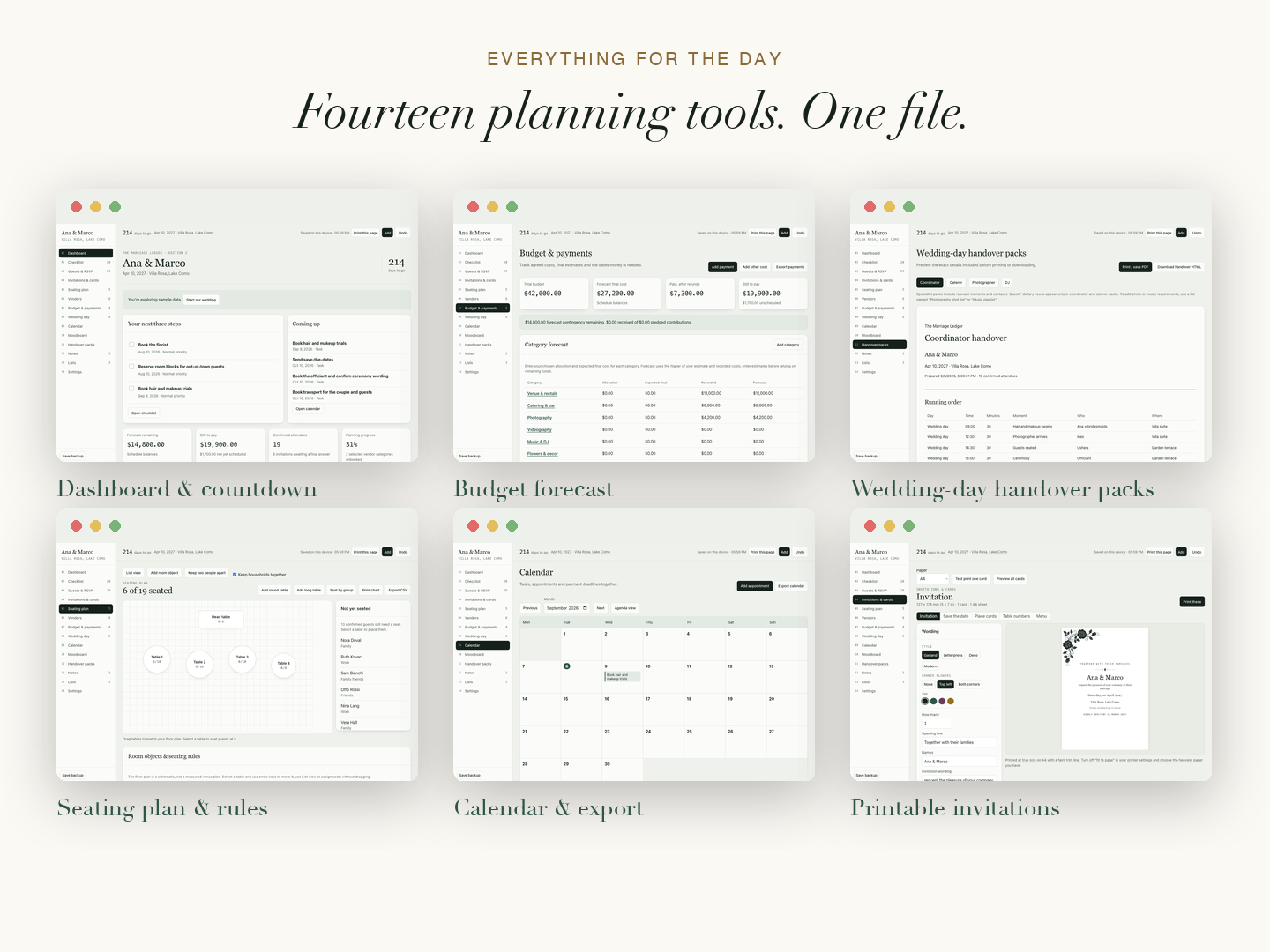 What's inside the wedding planner — dashboard, budget forecast, handover packs, seating, calendar and invitations