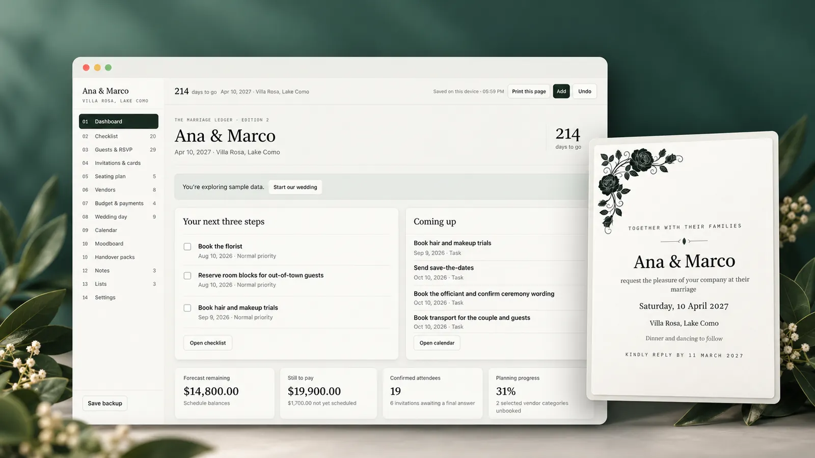 The Marriage Ledger wedding planner — dashboard, budget forecast and a printable invitation